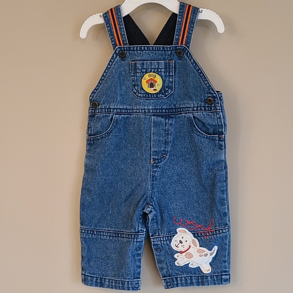 Denim overalls with puppy detail